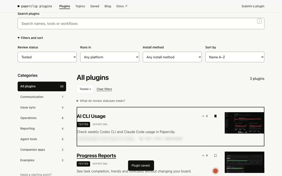 The Paperclip plugin directory filtered to tested plugins, with a label on each card.