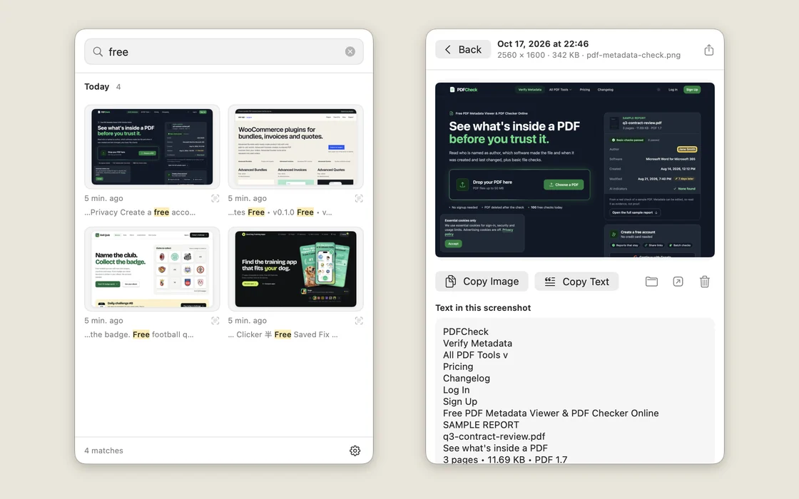 Search for “free” finds 4 of 9 screenshots; the preview outlines the line with the name. My Mac, 17 Oct.