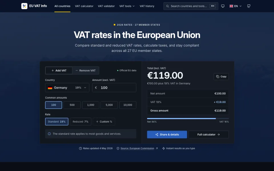 Screenshot of EU VAT Info