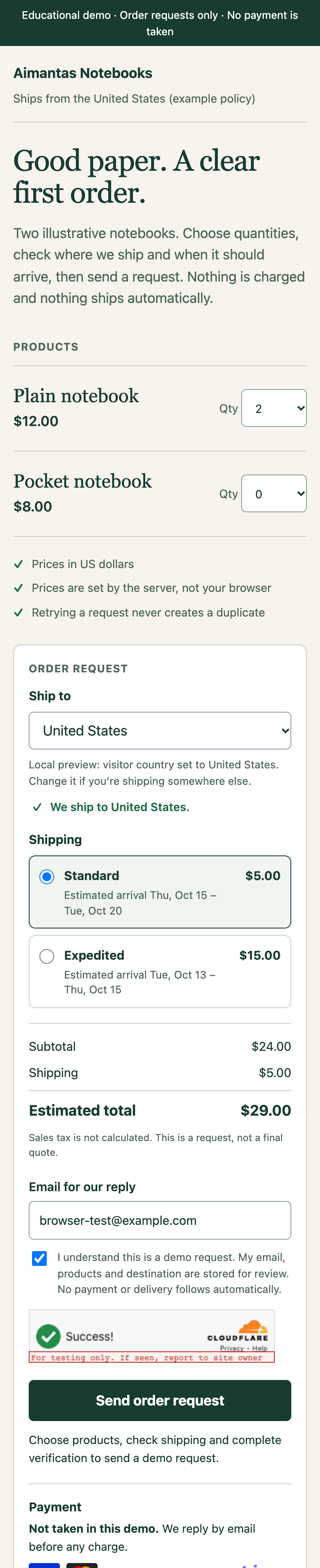 The same local shop at a 390-pixel phone width. The order summary moves below the products, and destination, shipping options and totals stay readable without sideways scrolling.