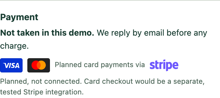 The order summary's payment section: "Not taken in this demo. We reply by email before any charge." Visa and Mastercard marks sit beside "Planned card payments via Stripe", followed by "Planned, not connected."