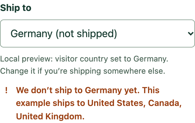 Destination check for a visitor from Germany. The menu reads "Germany (not shipped)" and the message says the example only ships to the United States, Canada and the United Kingdom.