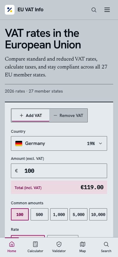 The Astra redesign on a phone: slate page, serif introduction and a pink total line in the calculator.