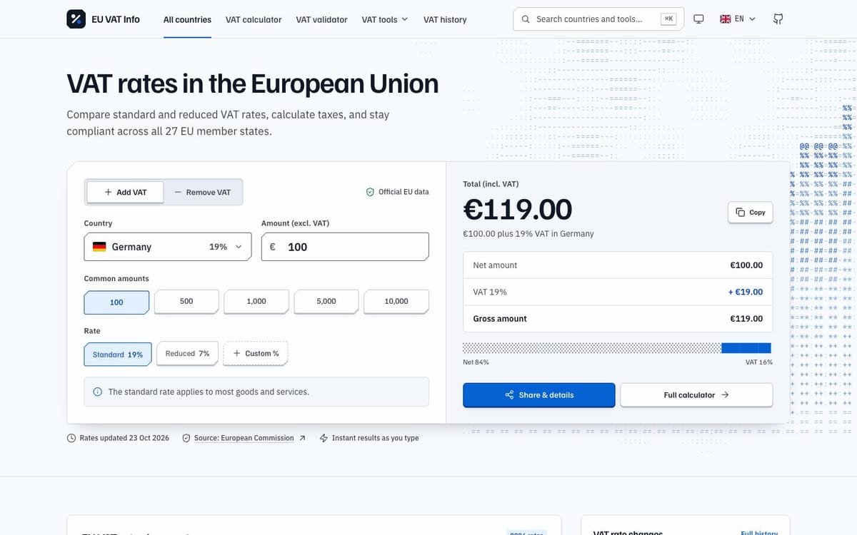 EU VAT Info after the Opus redesign: light paper header, a left aligned heading, the calculator below it, and a field of ASCII characters on the right rising into columns.