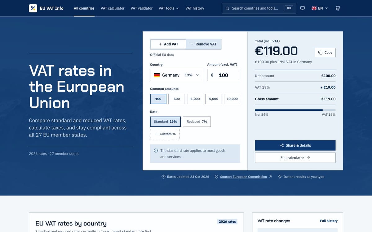 EU VAT Info redesigned by GPT-6 Sol with the Blueprint theme: still navy with the mountain photo, a heading in a squarer display face on the left, and the calculator card on the right.