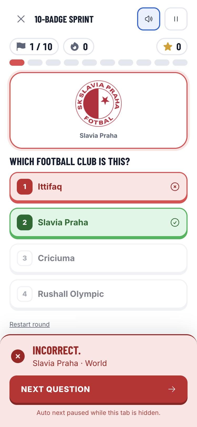Ball Quiz on a phone after a wrong answer: the chosen tile is red, the correct club is green, and a red bottom sheet says Incorrect with a Next question button.